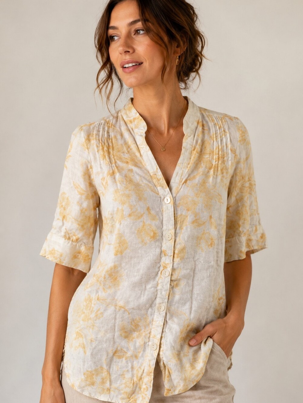 Rafaella Cream Linen Blouse with Pale Yellow Floral Print